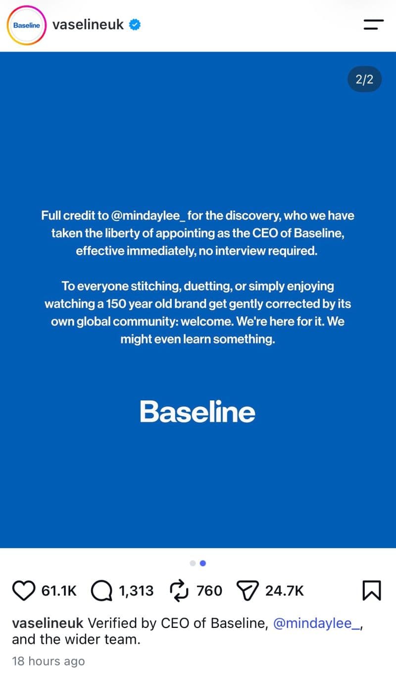 Baseline - Communiqué officiel de Vaseline nommant Min Day Lee PDG de Baseline sans entretien préalable